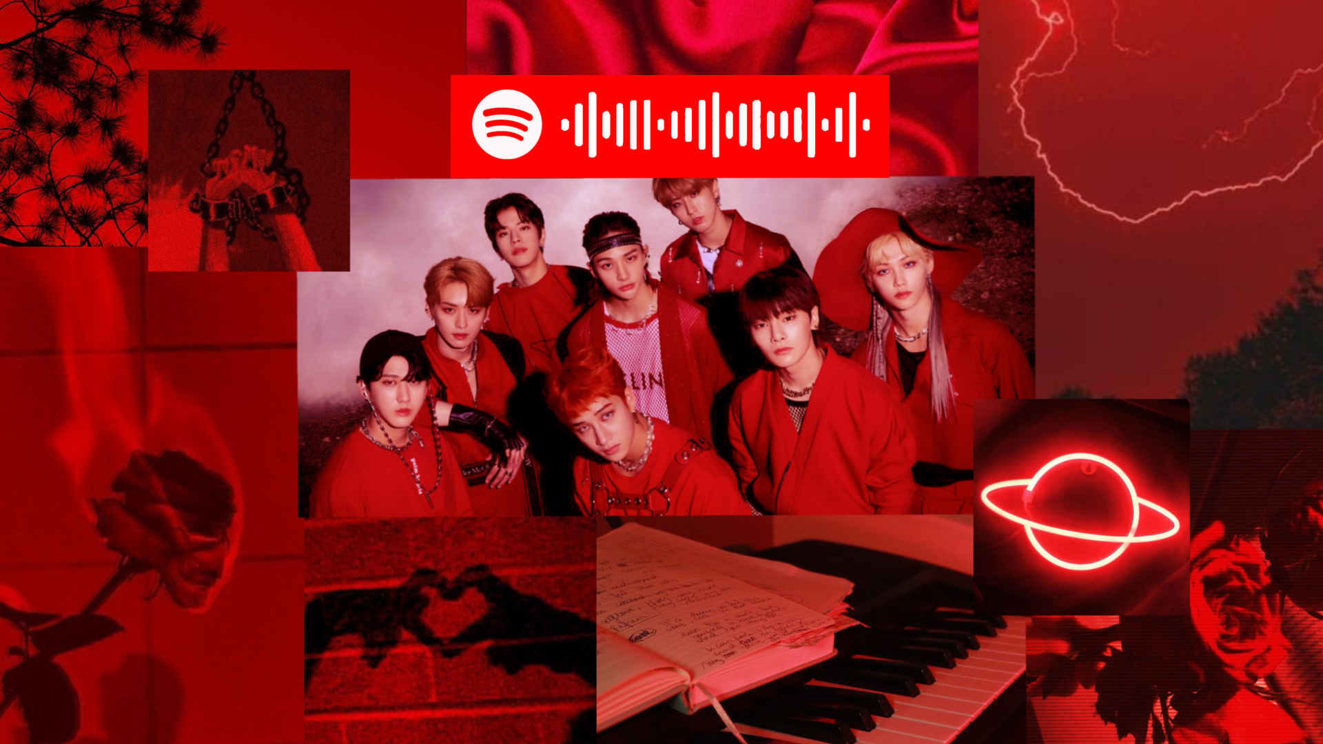 Red aesthetic wallpaper with various images of plants, shadows, and instruments layered around each other, surrounding an image of the members of Stray Kids.